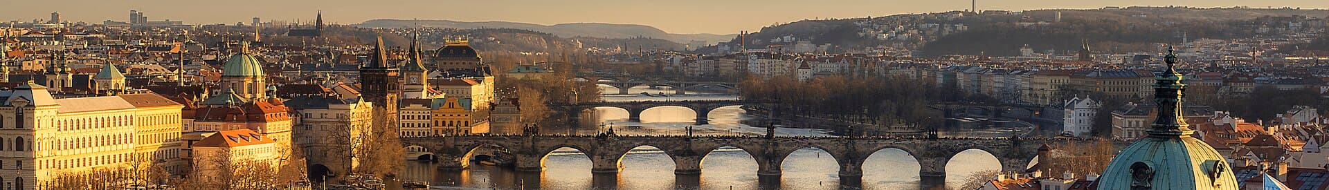 Panorama of Prague, Czech Republic, taken from Letensky hill showing the bridges on the River Vltava including The Charles Bridge.