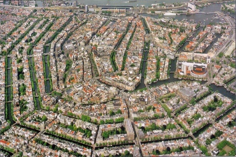 An aerial view of the Amsterdam city center and Canal Ring